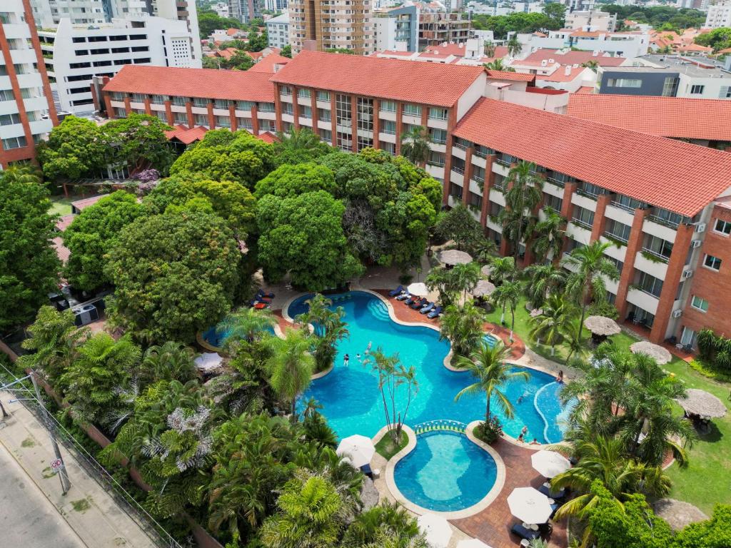 Aerial view of the Camino Real Hotel pools and gardens
