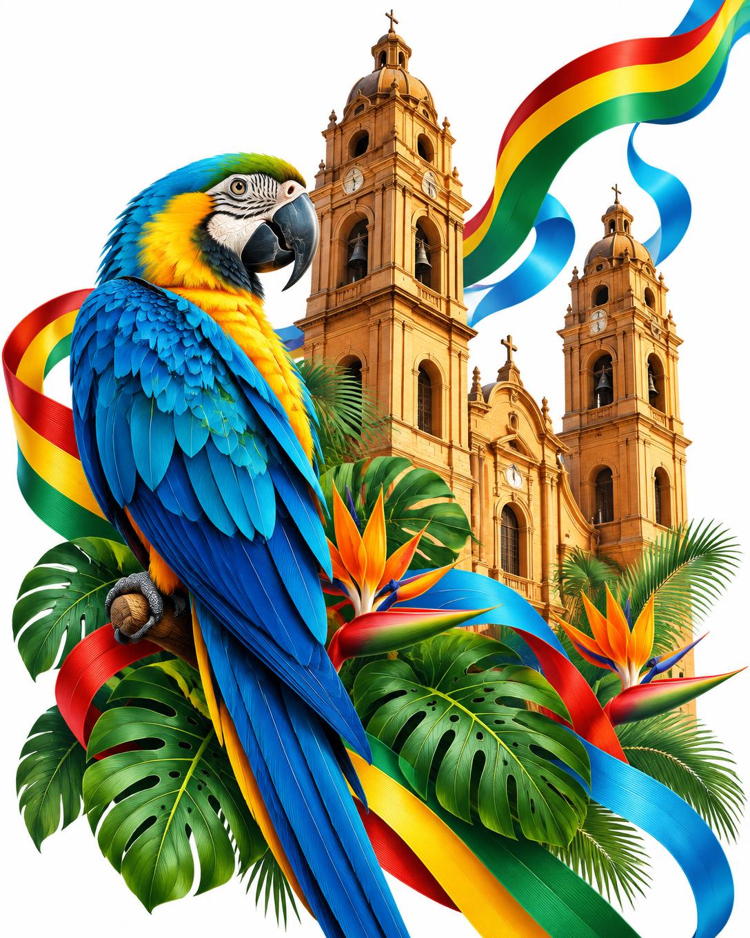 Macaw, tropical foliage and Santa Cruz cathedral with colorful arcs